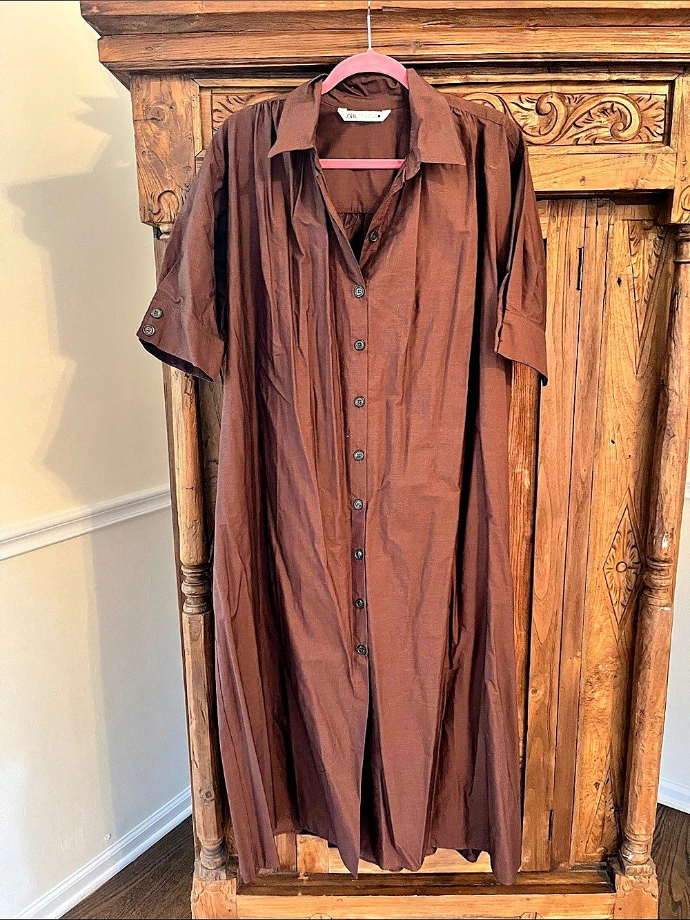 Zara Brown Midi Shirt Dress Maxi Shirt Dress Size Medium